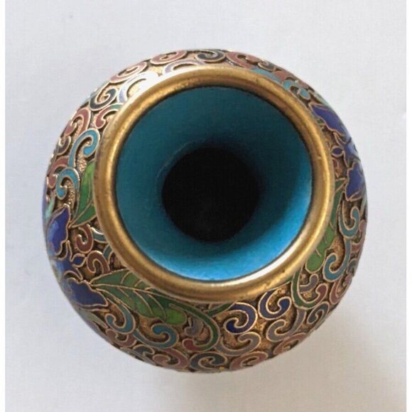 Vintage Enamel Cloisonne Miniature Vase Champleve Technique Floral Bronze 3 In - Picture 4 of 8